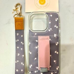 NWOB iPhone 14 Pro Walli case. Gray w/ flowers, slot on back for ID & card.